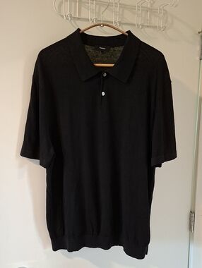 Theory Luxurious Classic Black Linen-blend Knit Polo Short-sleeve Sweater (XL)